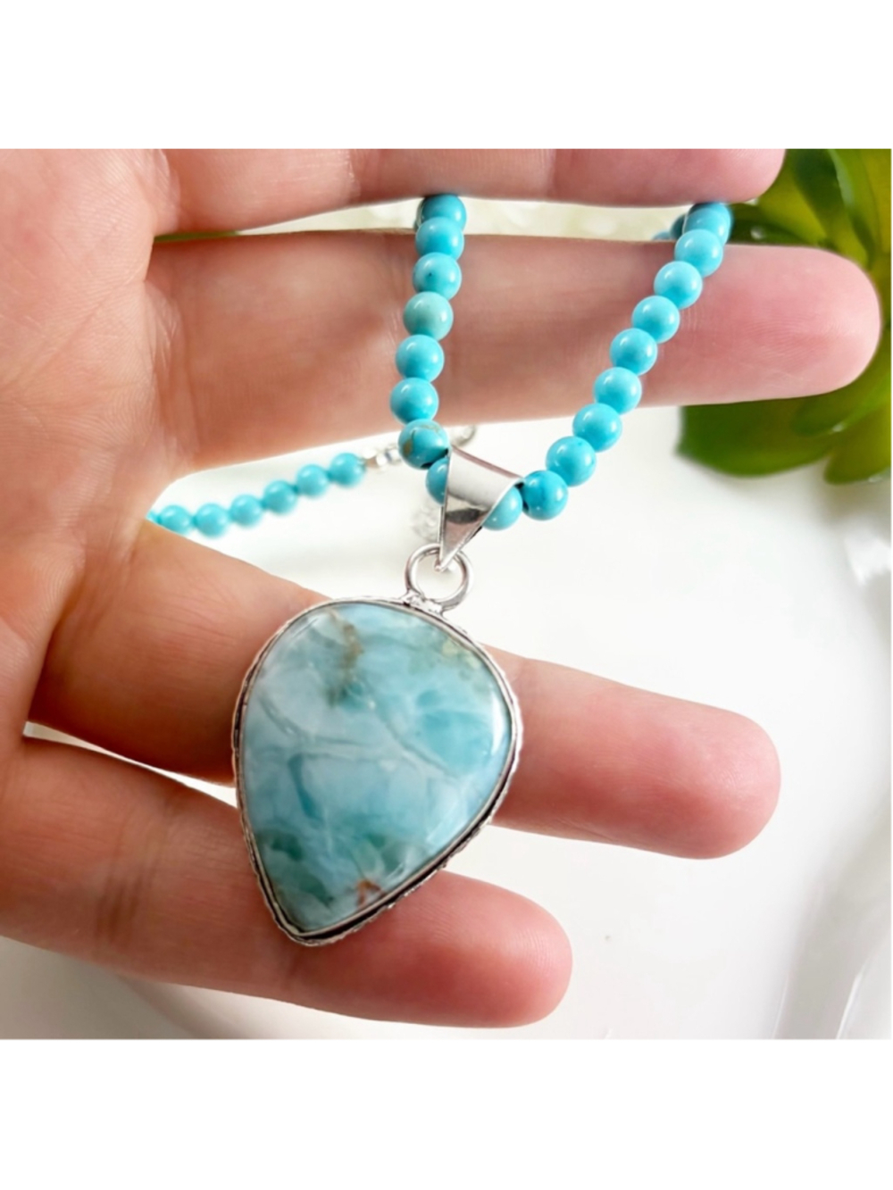 Jewelry Set Lot Blue Larimar Pendant Turquoise Chain 925 Sterling Silver Overlay - Picture 3 of 9